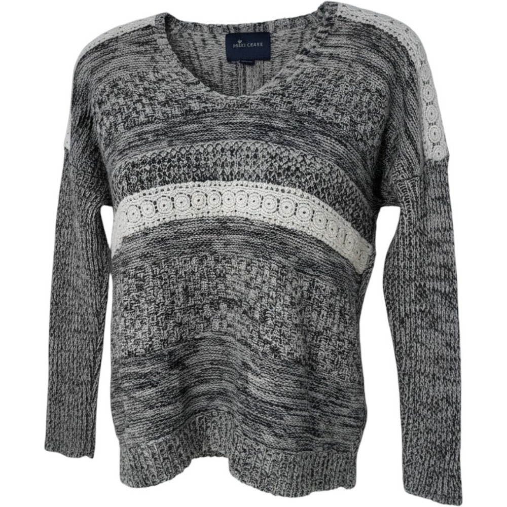 Paper Crane Womens Marled Grey Lace Inset V-Neck Knit Sweater Size L Hole Flaw